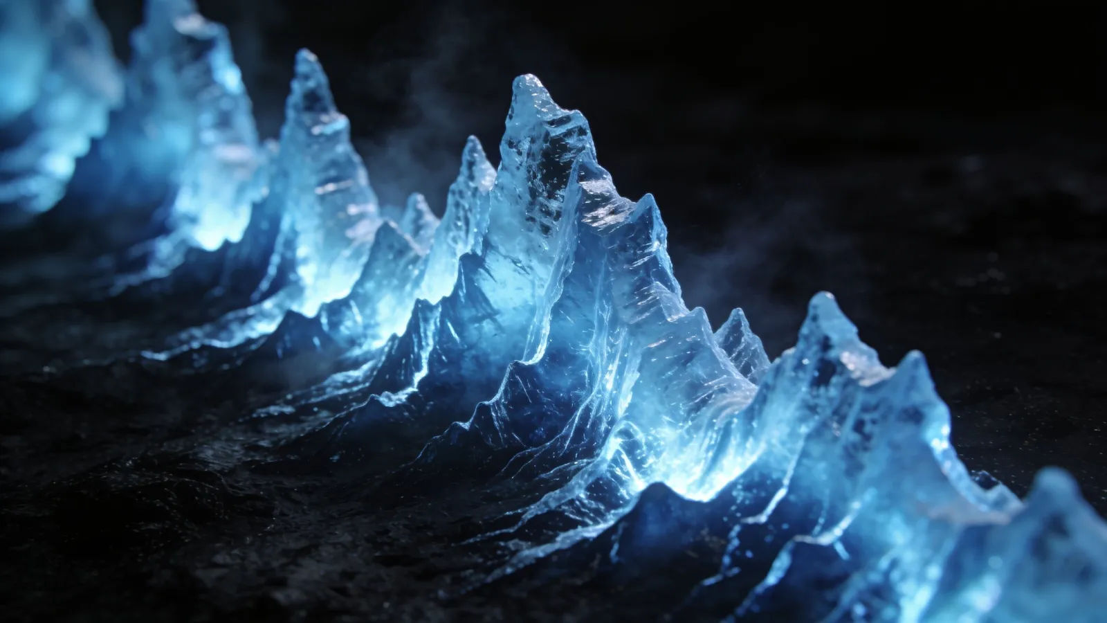 Sharp jagged icy-blue glowing waveform against black