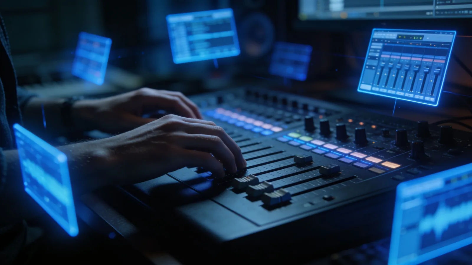 Hands over dark console with cold-blue audio panels