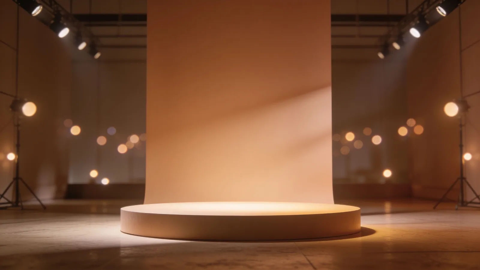 Minimalist brand studio with lit product plinth