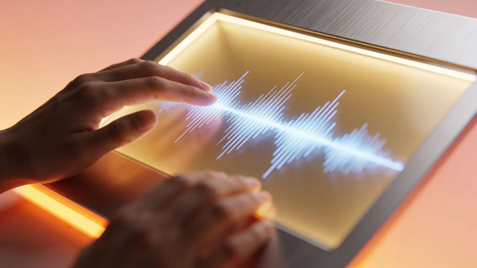 Hands gliding over luminous audio waveform panel