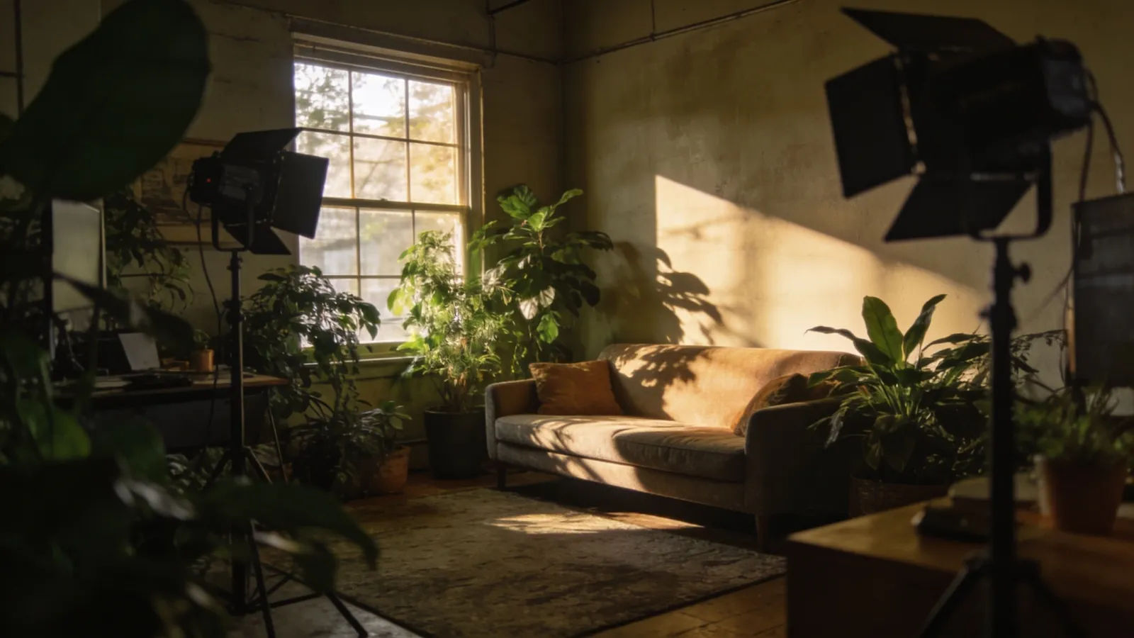 Cozy sunlit help-studio corner, couch and plants