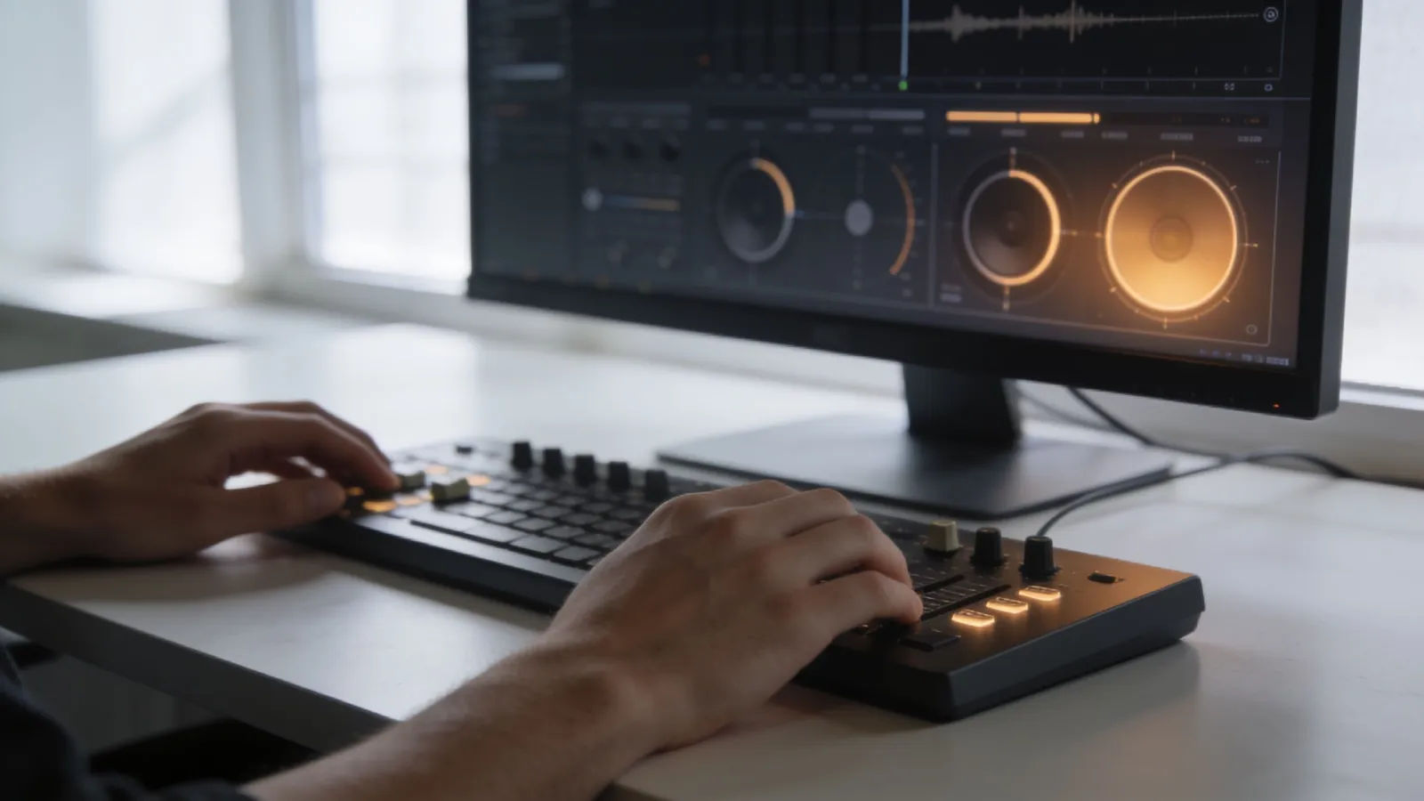 Relaxed hands at bright console, warm audio UI