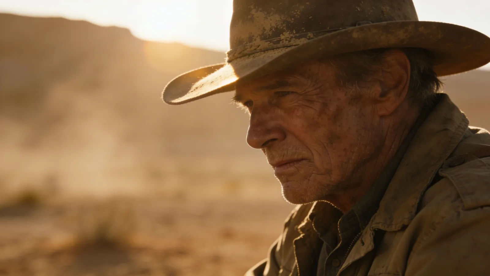 Weathered field explorer in dusty wide-brim hat
