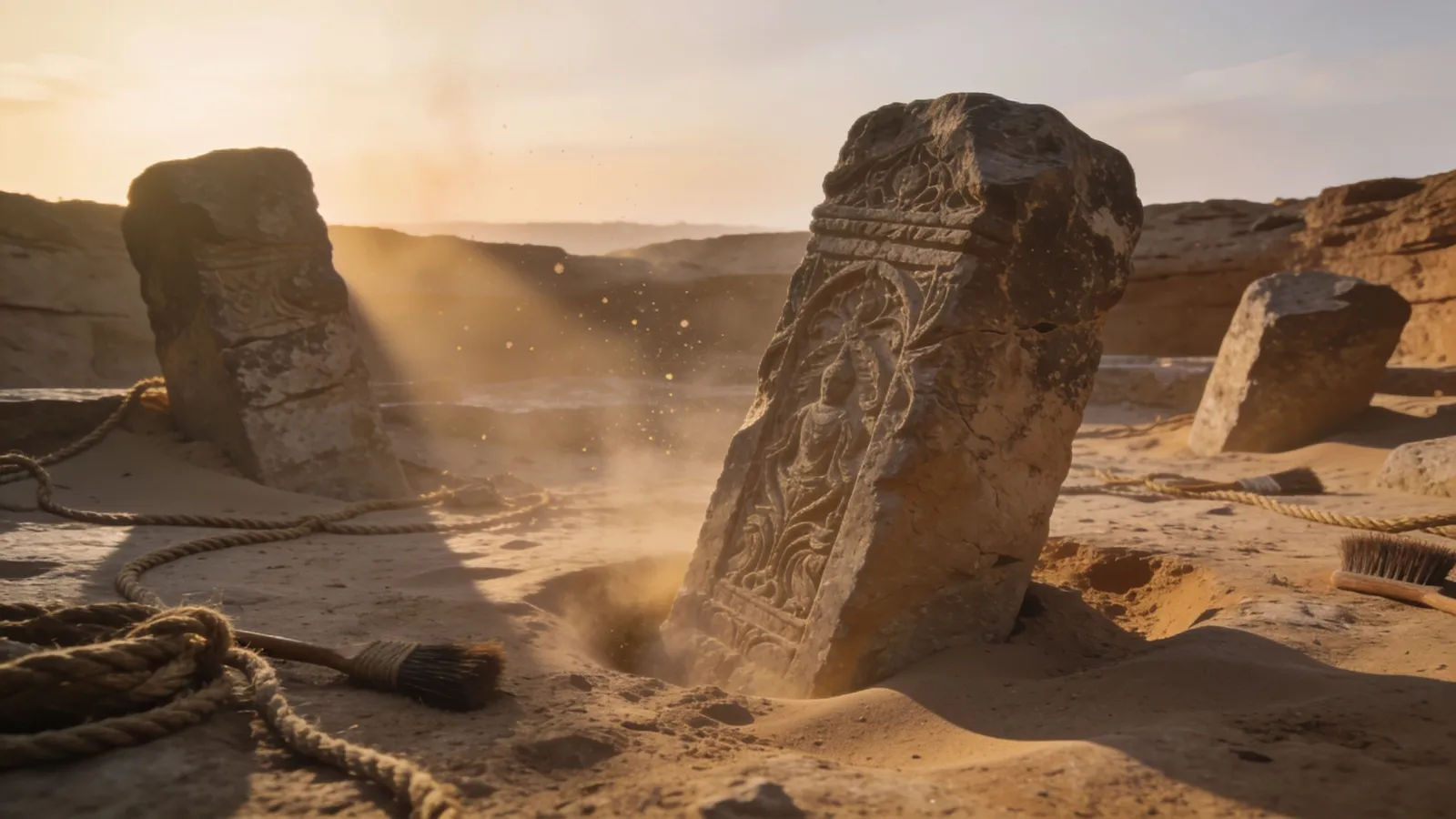 Ancient stone excavation site at dawn