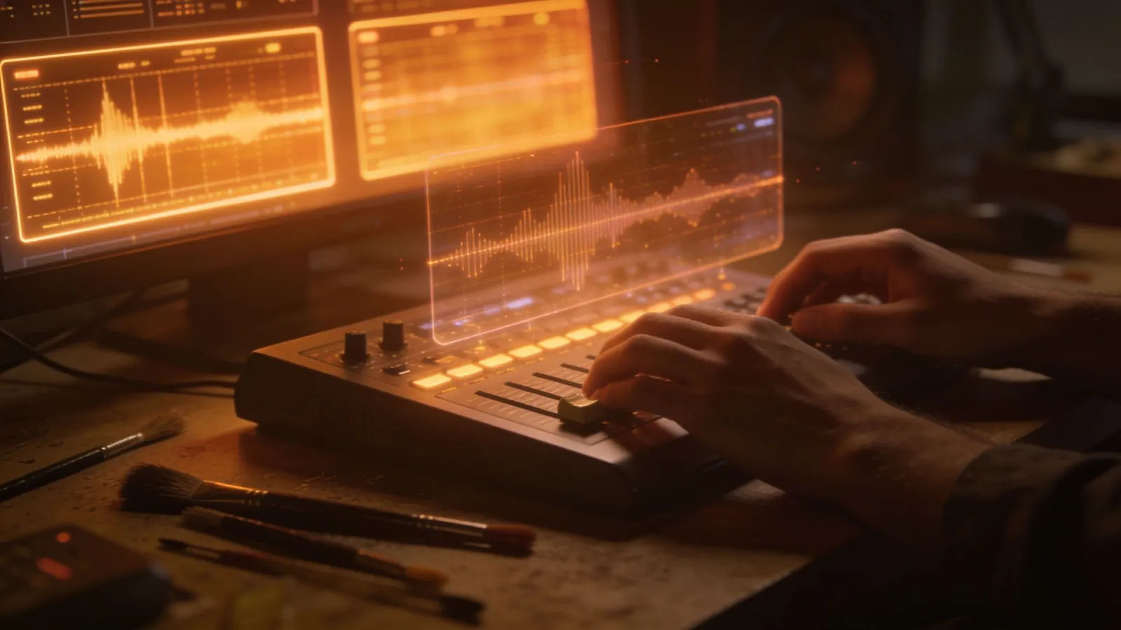 Hands at console with glowing amber audio panels