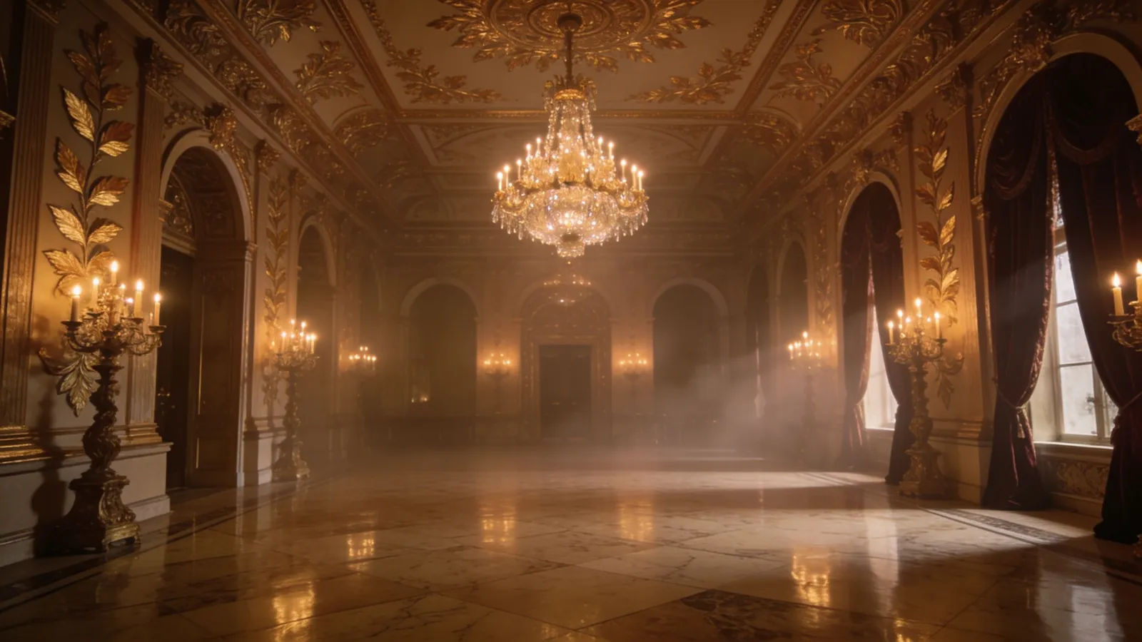 Opulent candlelit ballroom with glittering chandeliers