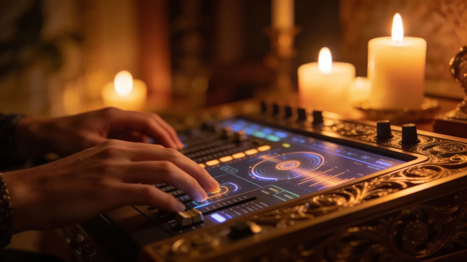 Hands at ornate console in warm candlelight