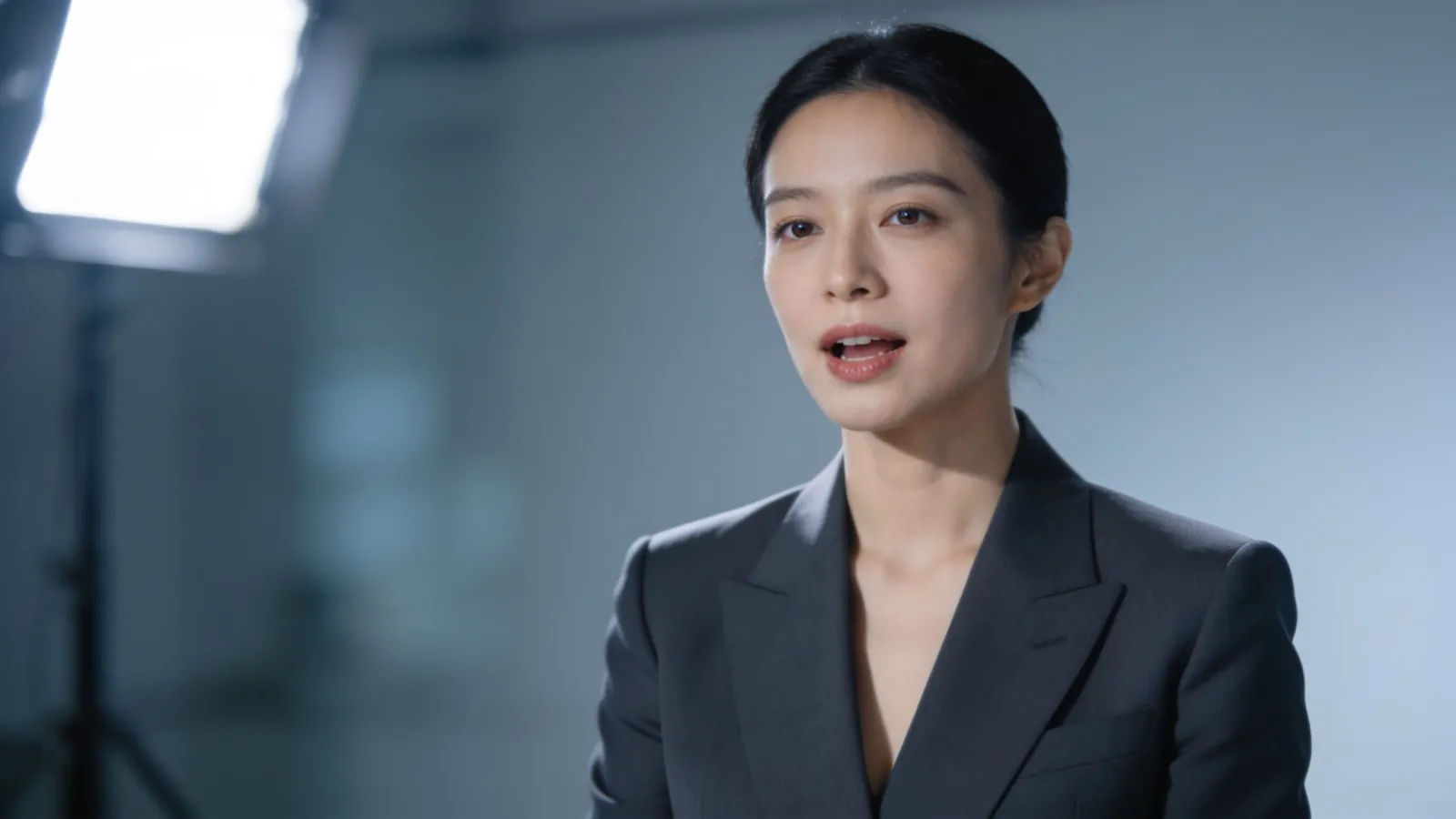 Crisp poised presenter in tailored blazer mid-sentence