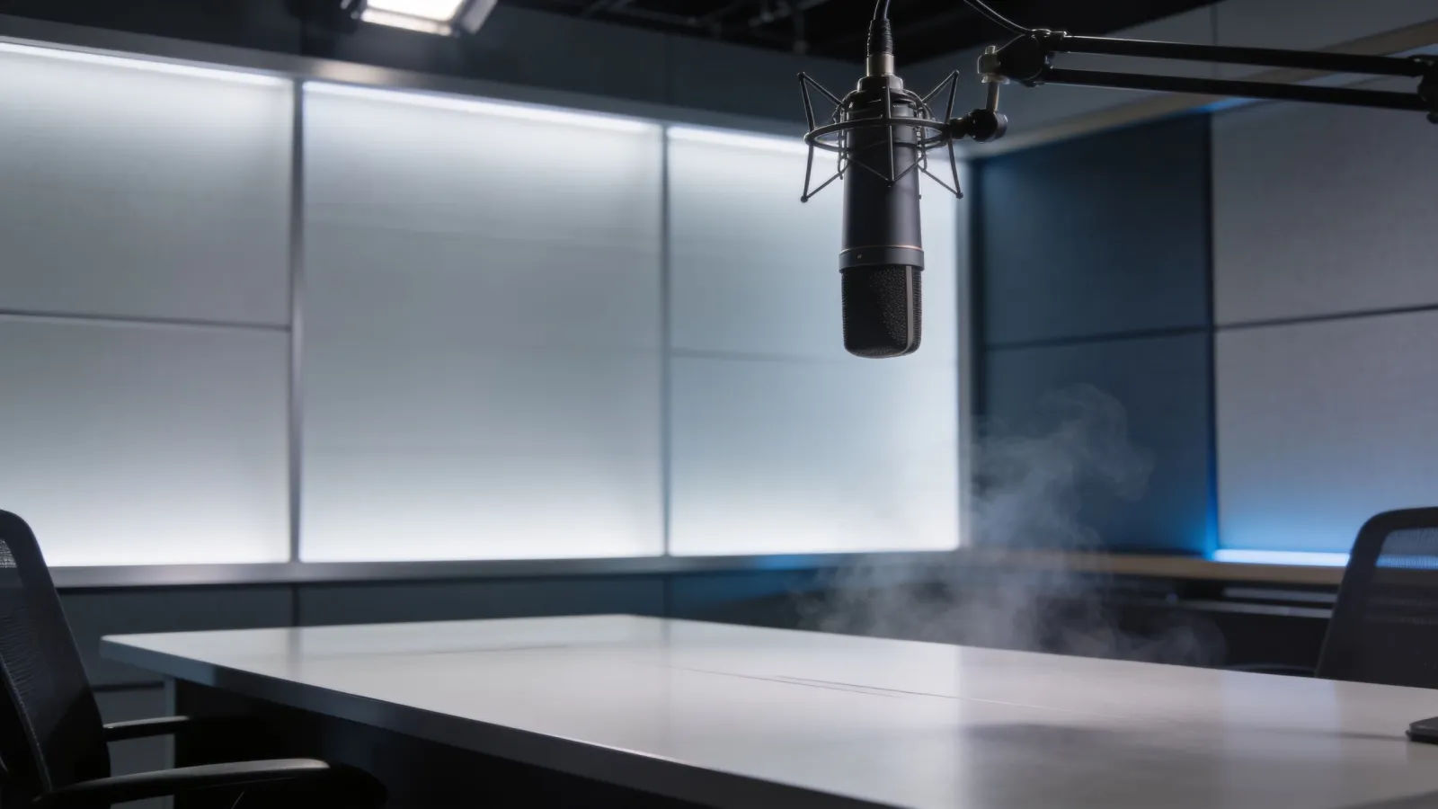Sleek minimalist broadcast studio with suspended microphone