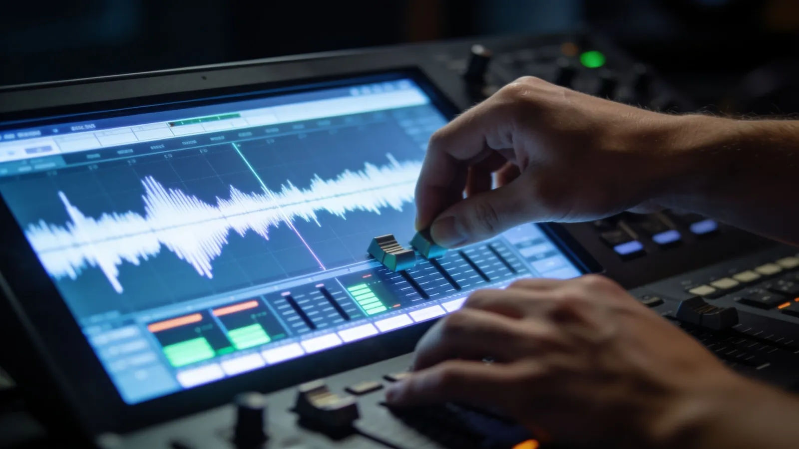 Hands at mixing desk with clean waveform meters