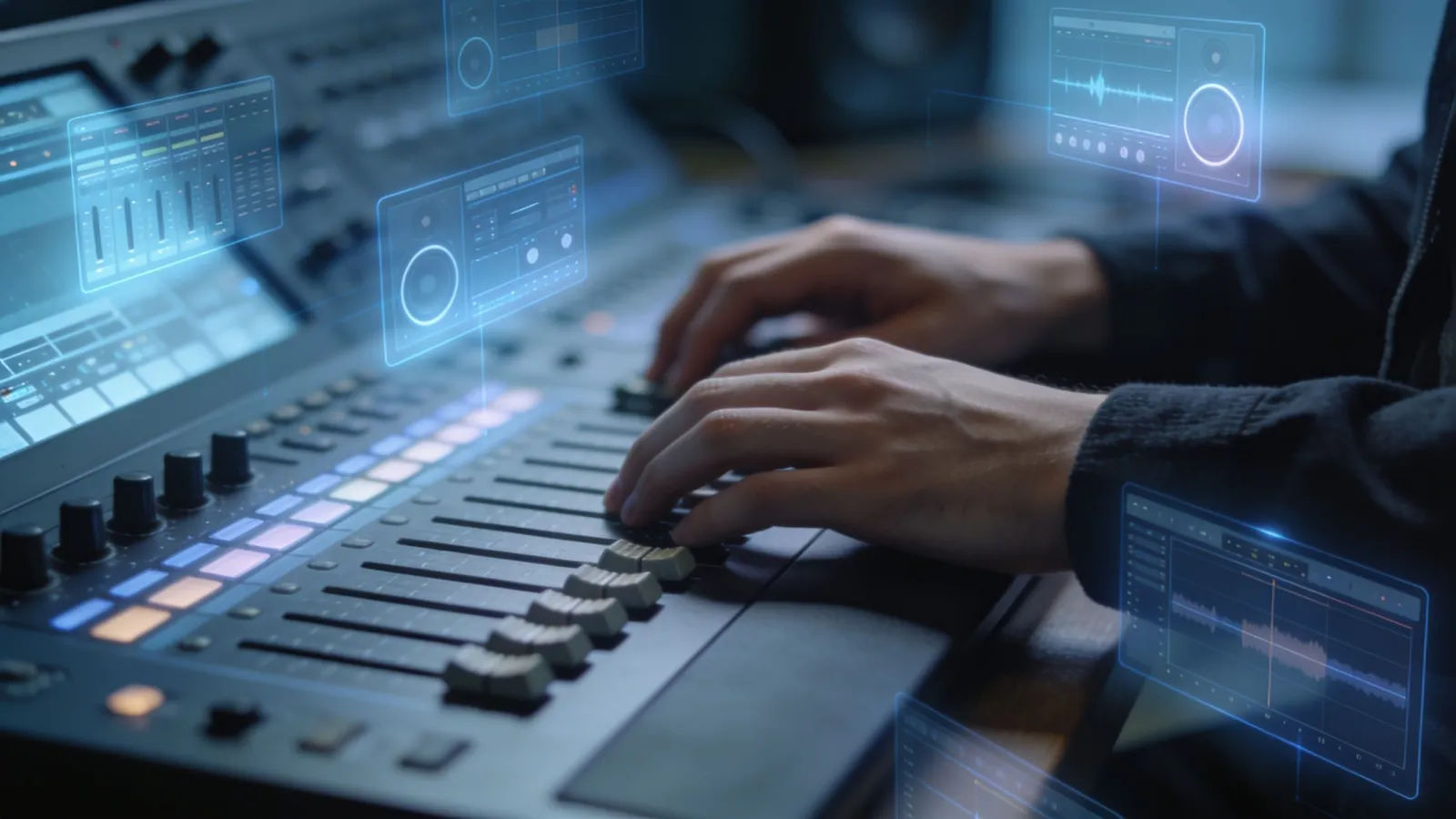 Hands at console with floating audio panels