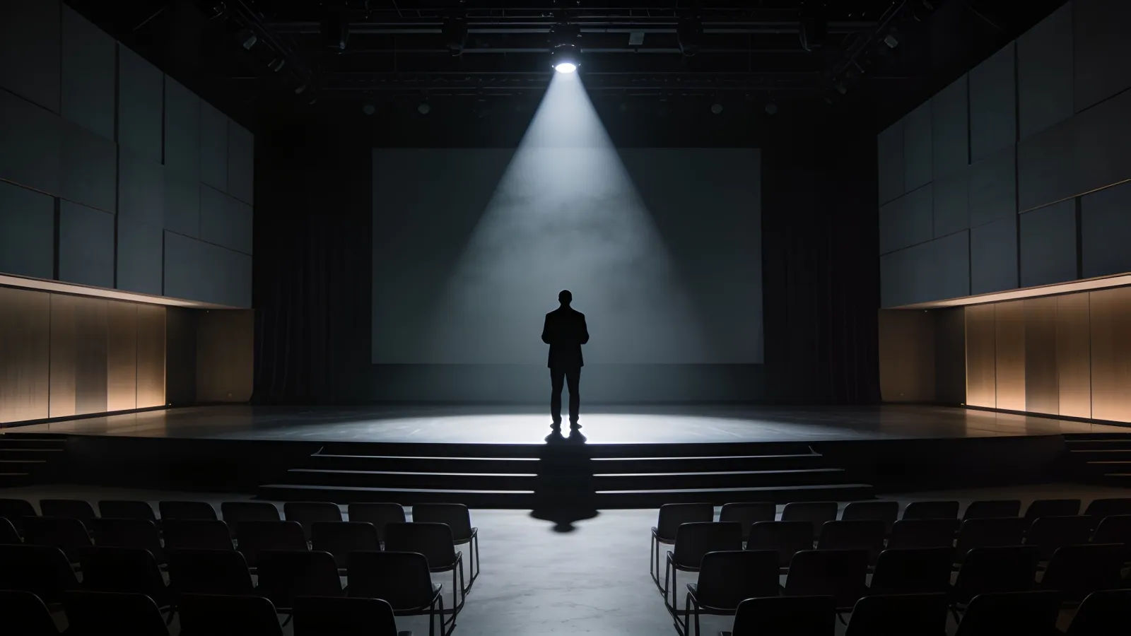 Lone speaker silhouette on spotlit conference stage