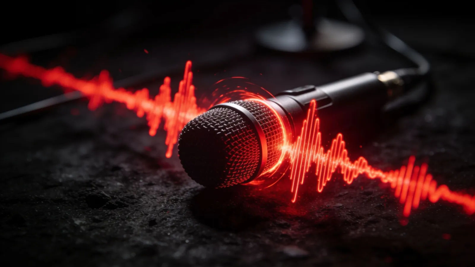 Bold crimson waveform pulsing around a microphone