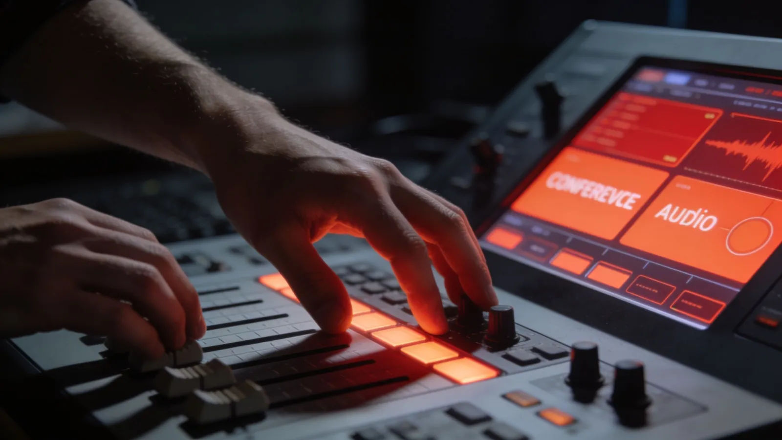 Hands firmly at console with red-orange audio interface