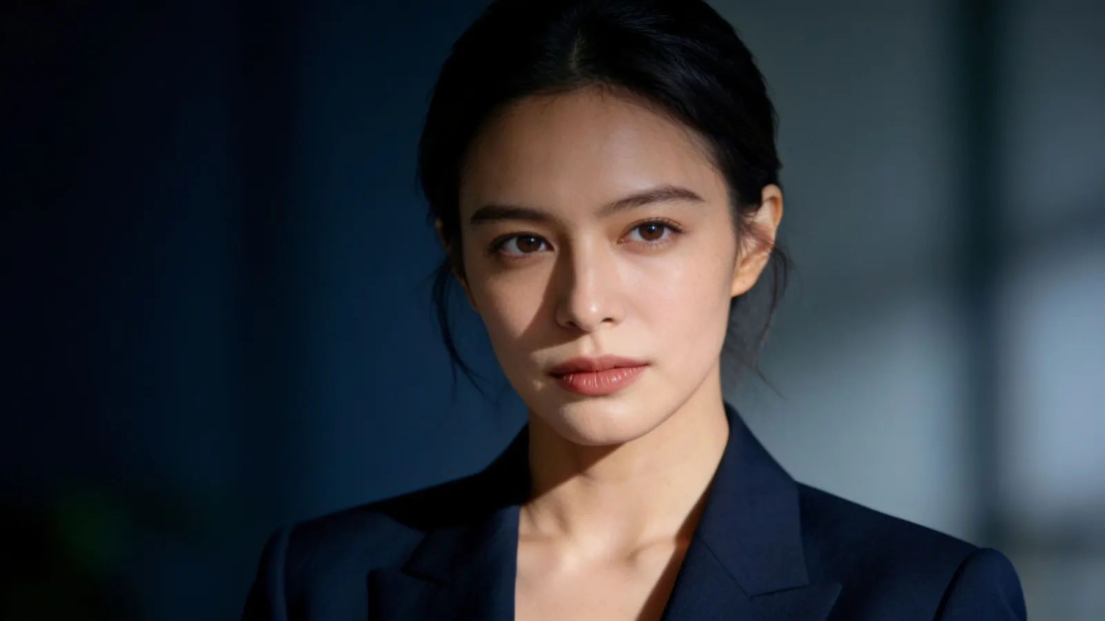 Composed professional in cool navy confident cinematic portrait