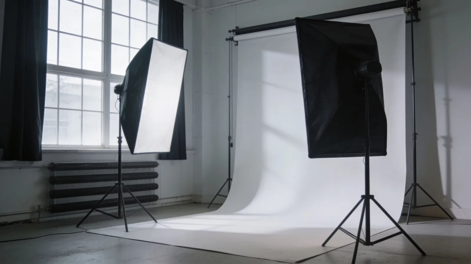 Sleek minimal brand-film studio with soft diffused lighting