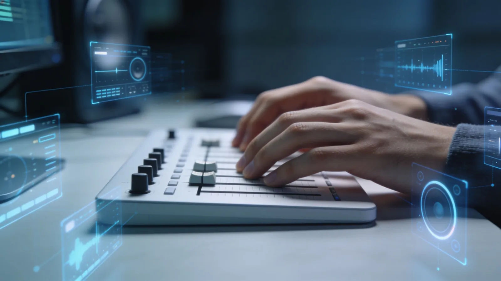 Hands on clean console with cool-toned audio interface