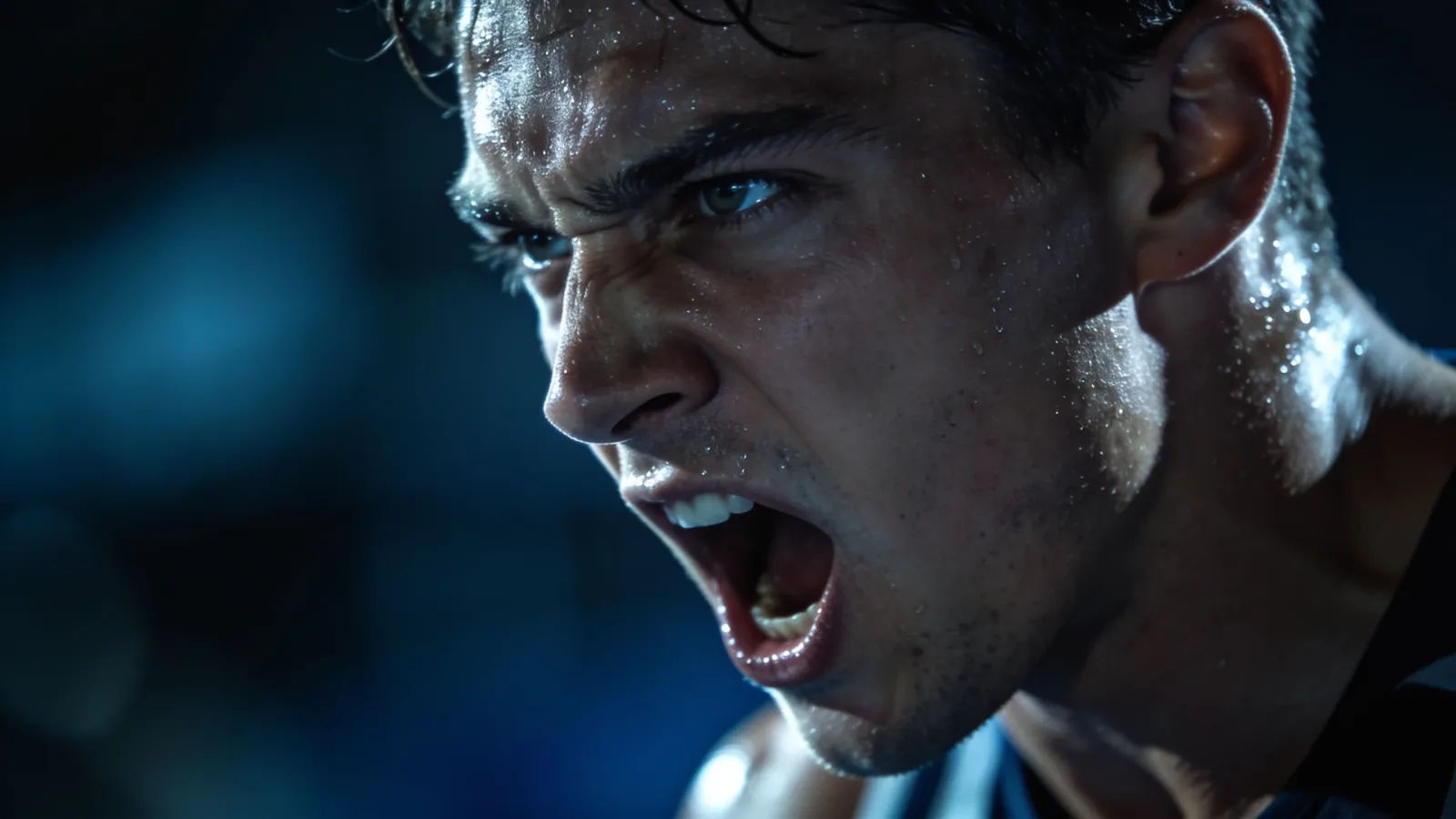 Determined athlete mid-shout, steel-blue portrait