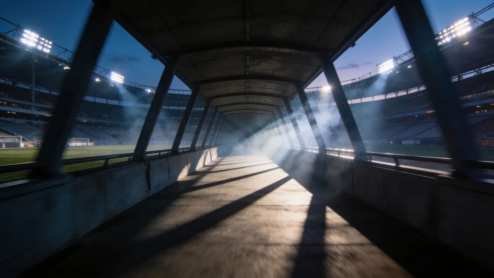 Empty floodlit stadium tunnel at dusk