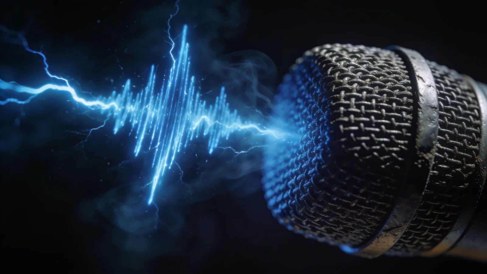 Electric-blue soundwave bursting from rugged microphone