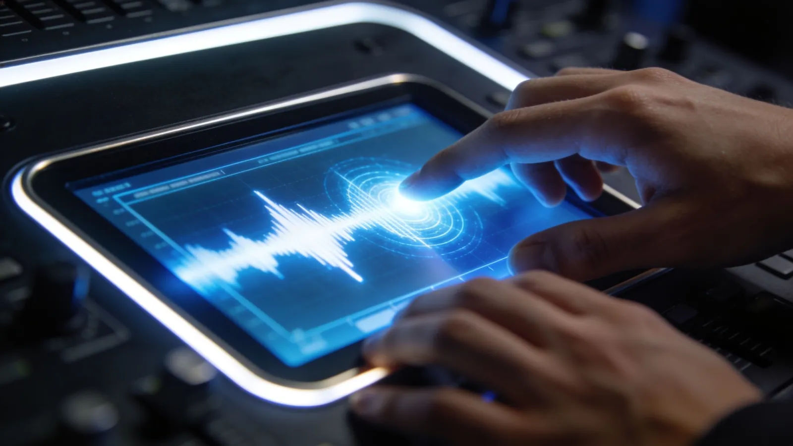 Strong hands on console pushing audio waveform