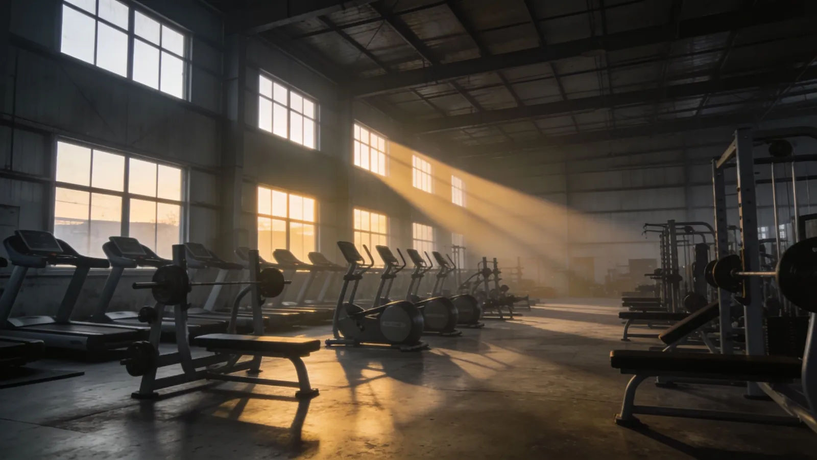 Modern gym interior at dawn, light shafts