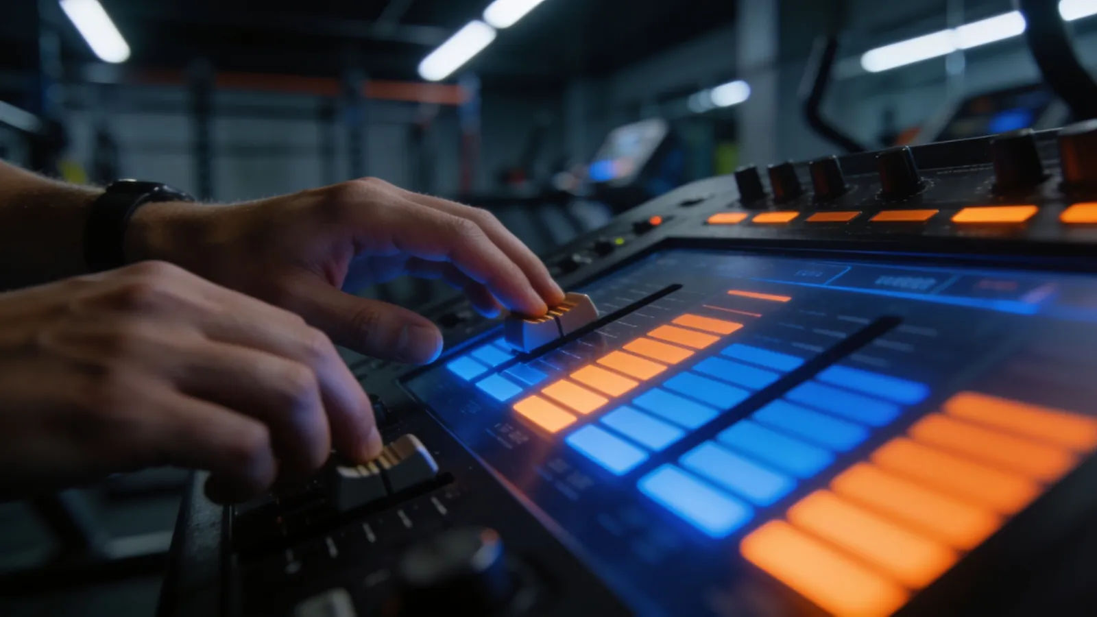 Hands at console, blue-orange level bars