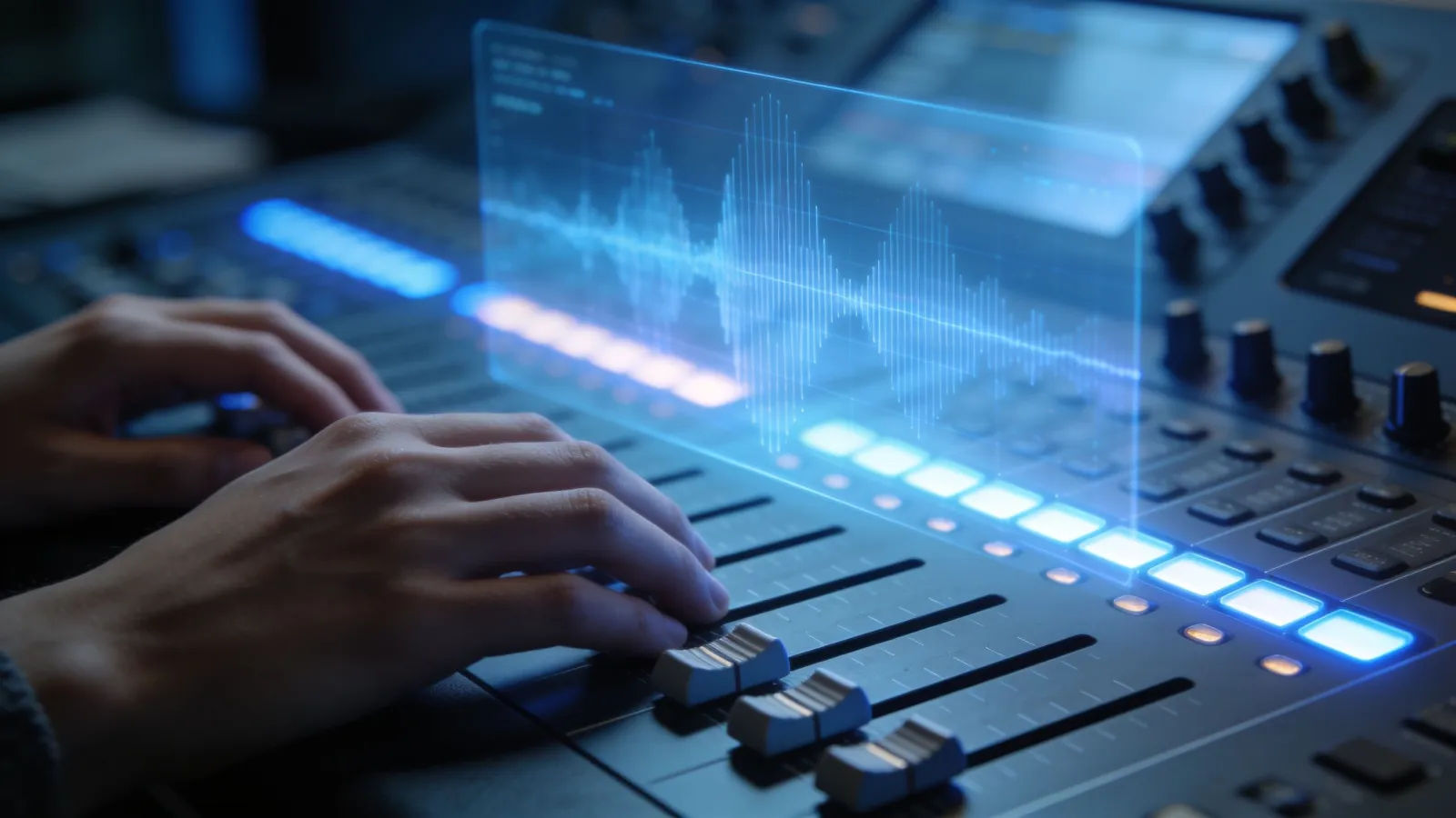 Hands resting gently at soft-lit audio console