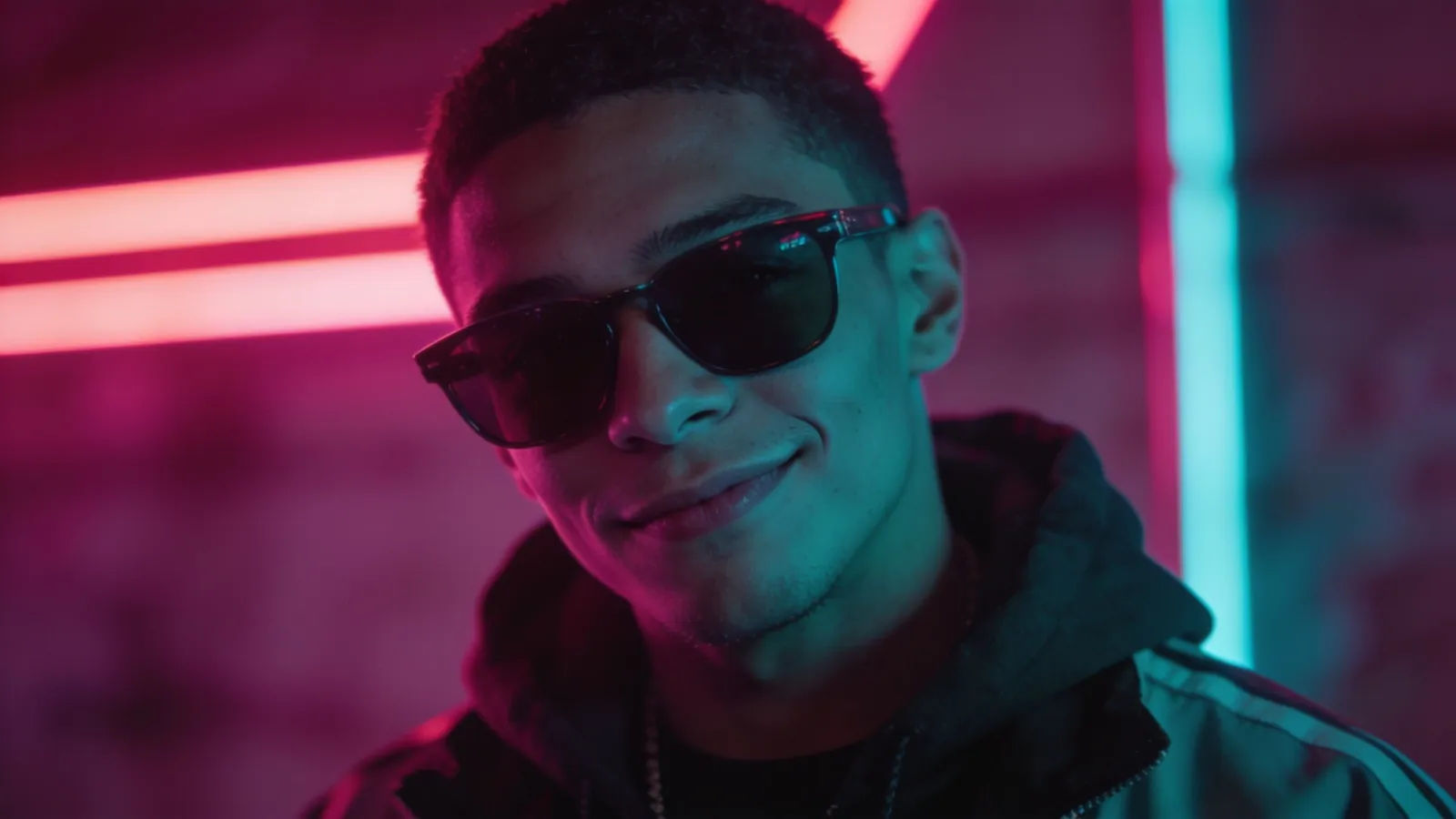 Cool streetwear figure with sunglasses in neon light