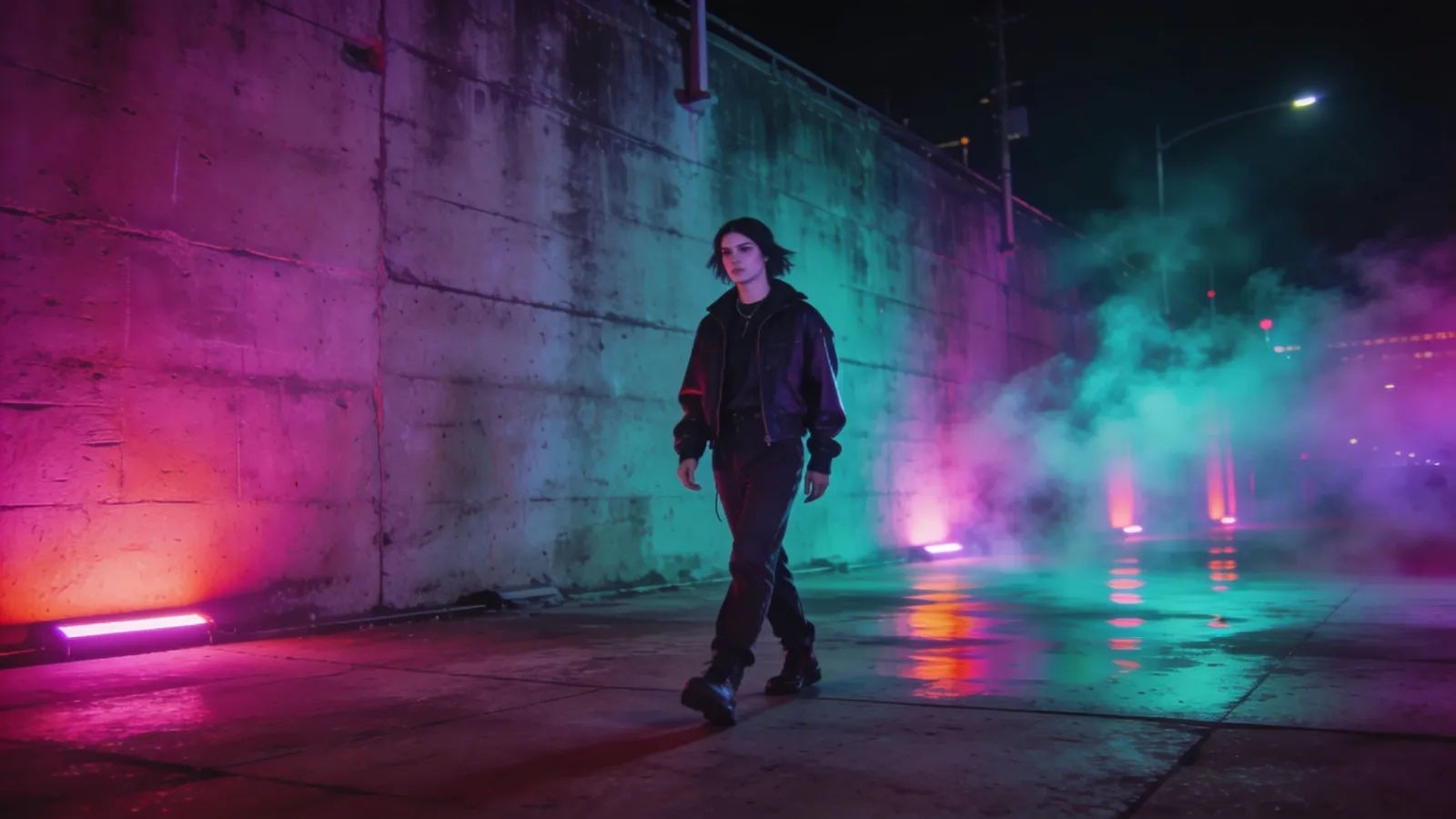 Neon-lit urban fashion set at night