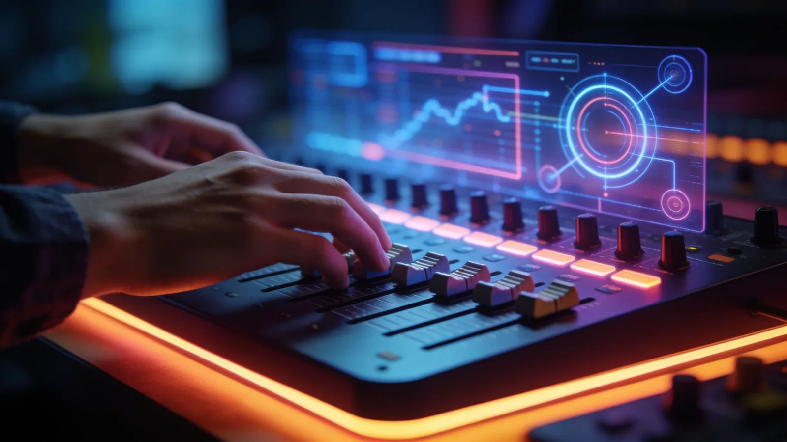 Hands on mixing console with neon under-glow