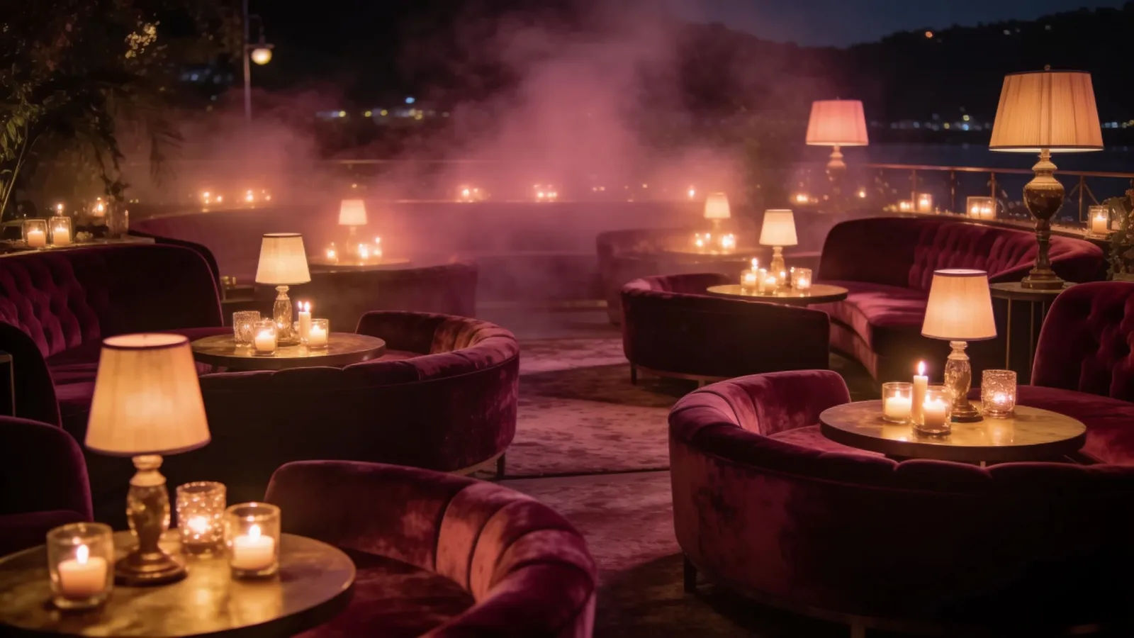 Intimate candlelit velvet lounge in warm burgundy glow