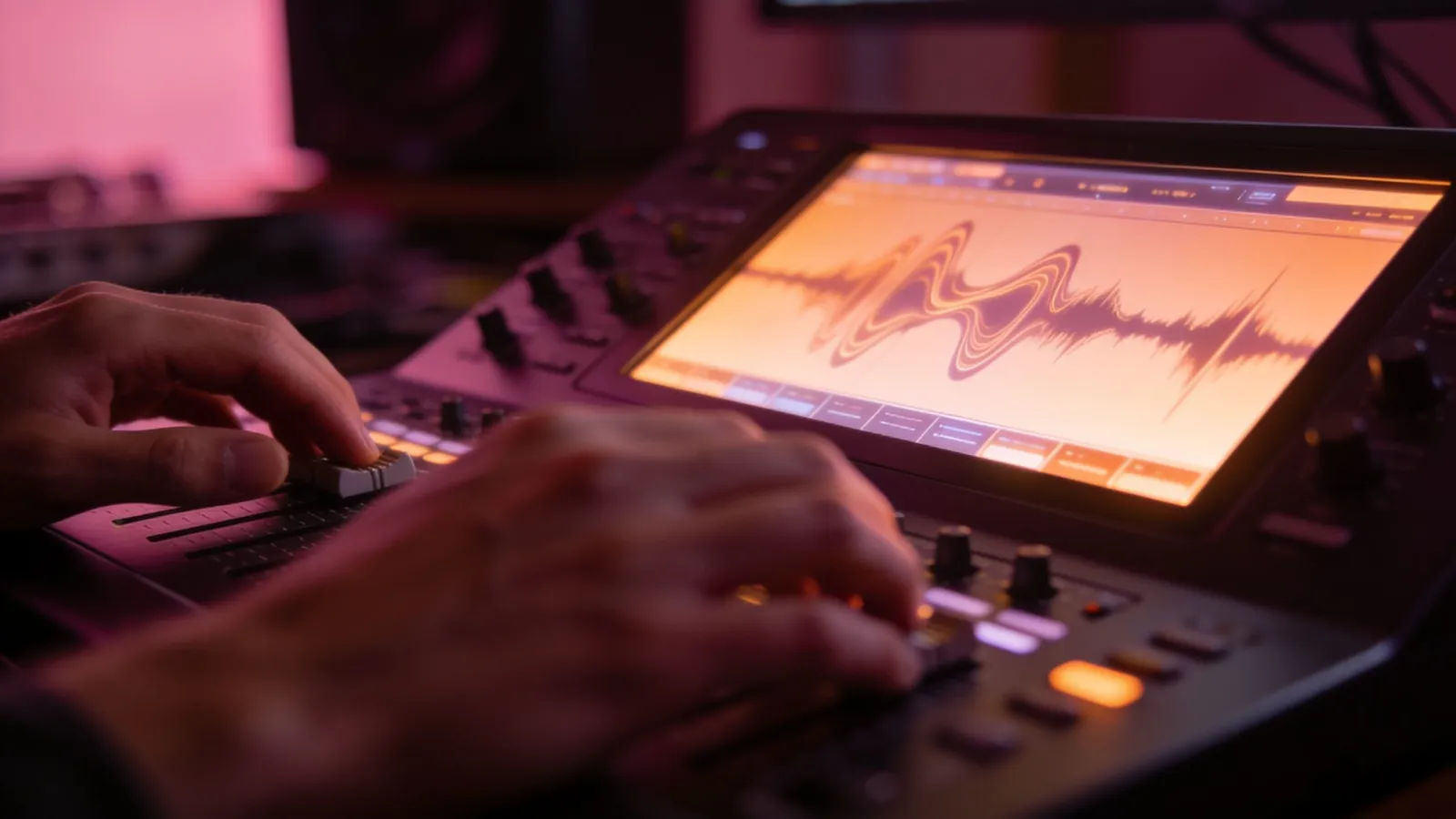 Hands on console with flowing warm waveform screen