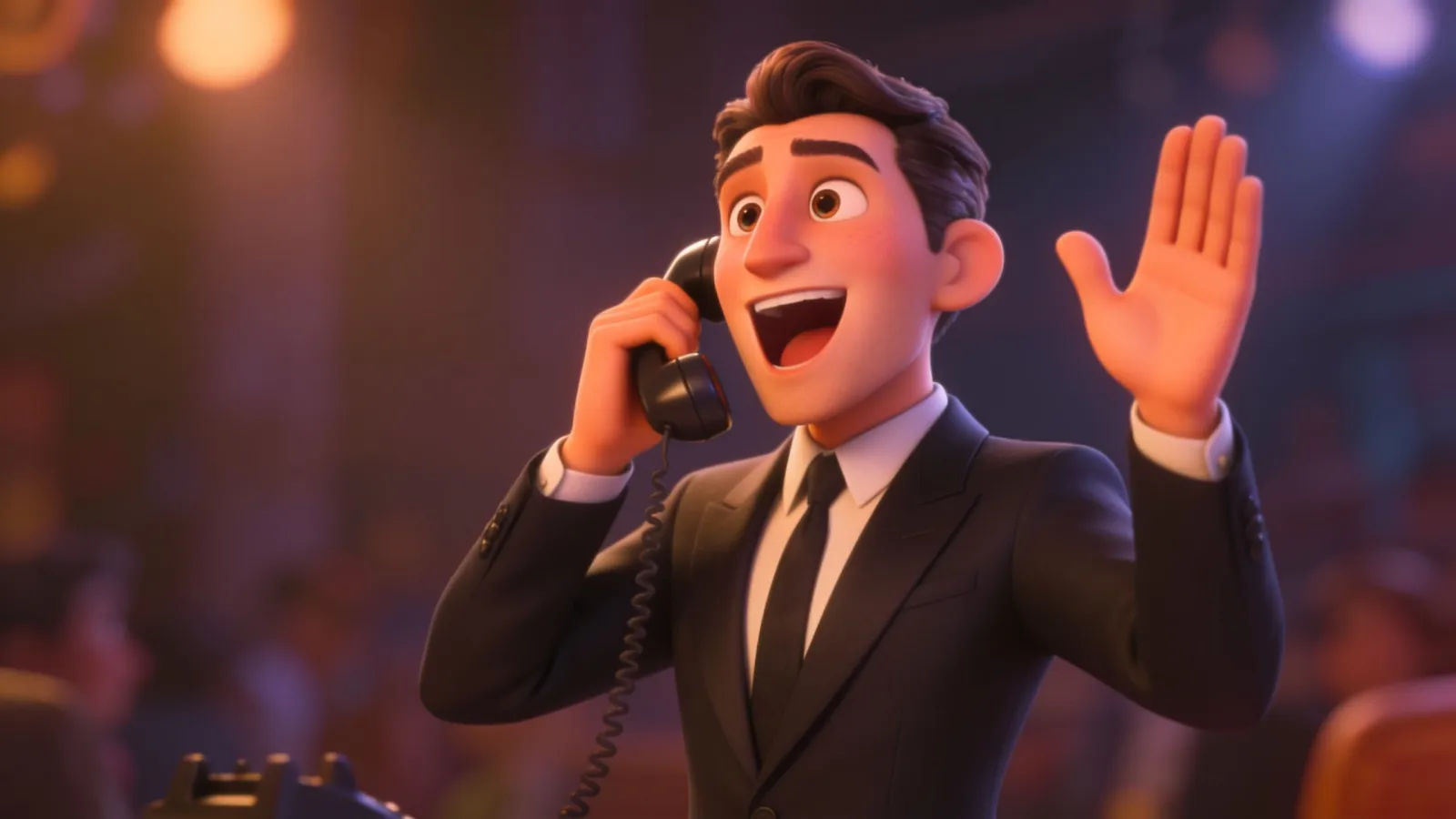 Charismatic host mid-call with raised hand, warm light