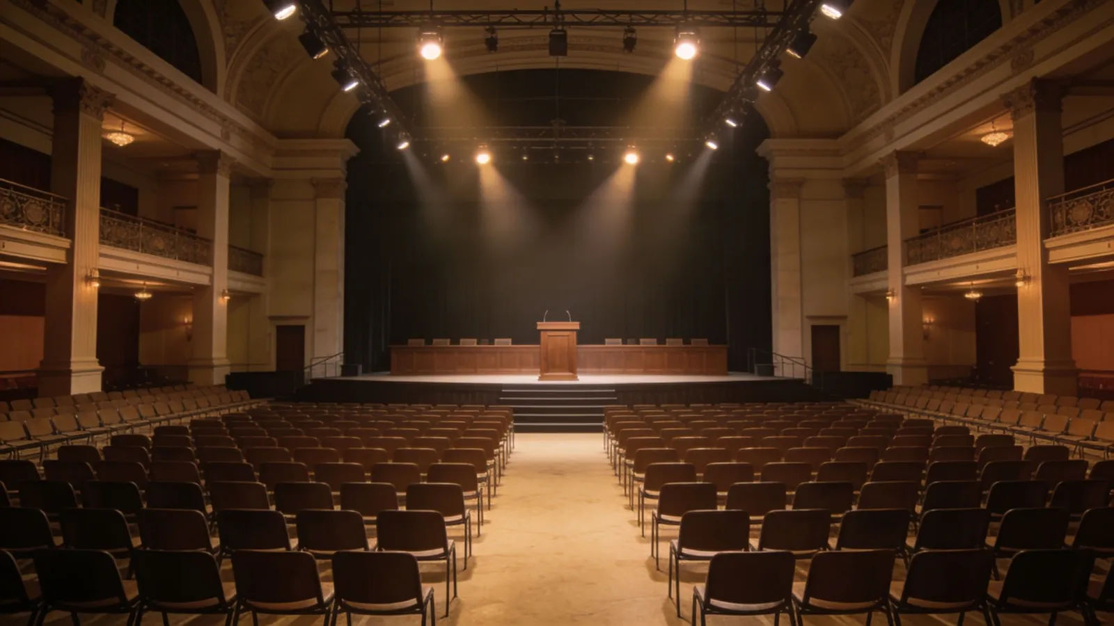 Grand auction hall with empty chairs and spotlit podium