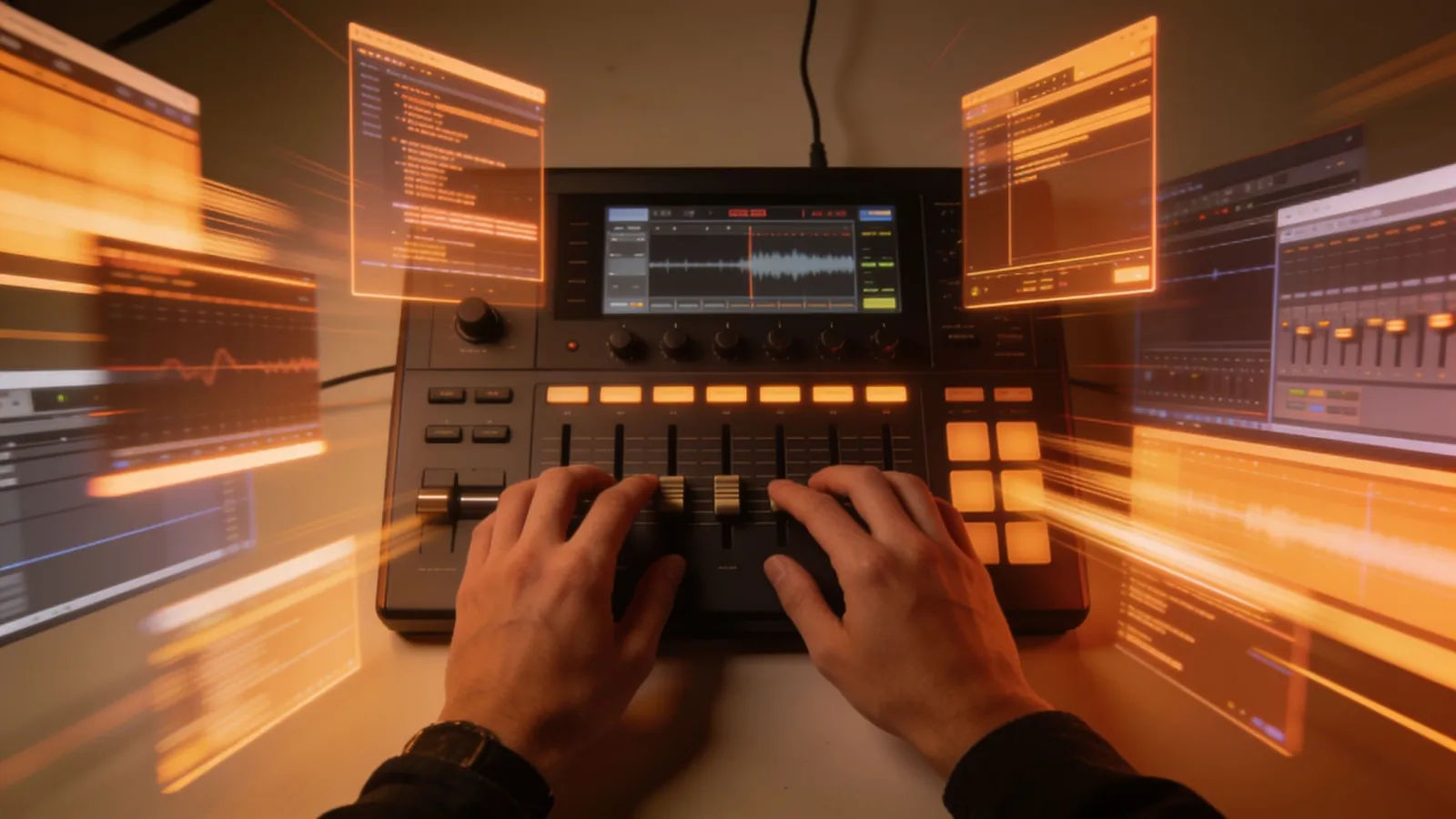 Hands at console with fast-scrolling warm audio panels