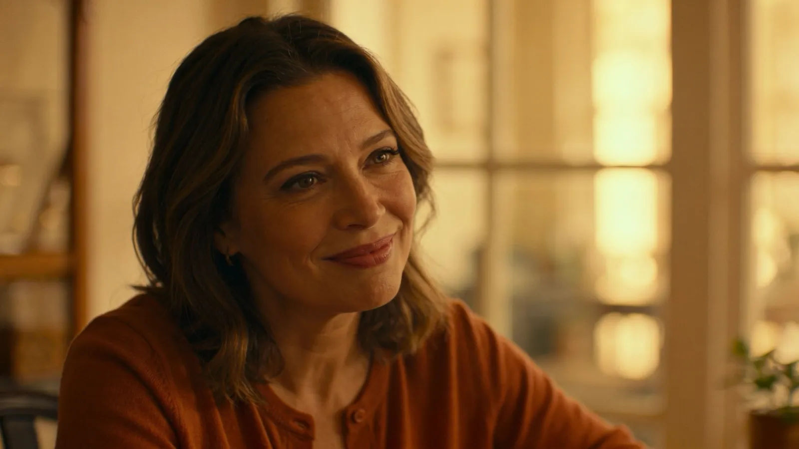 Warm middle-aged woman with doting smile in honey light