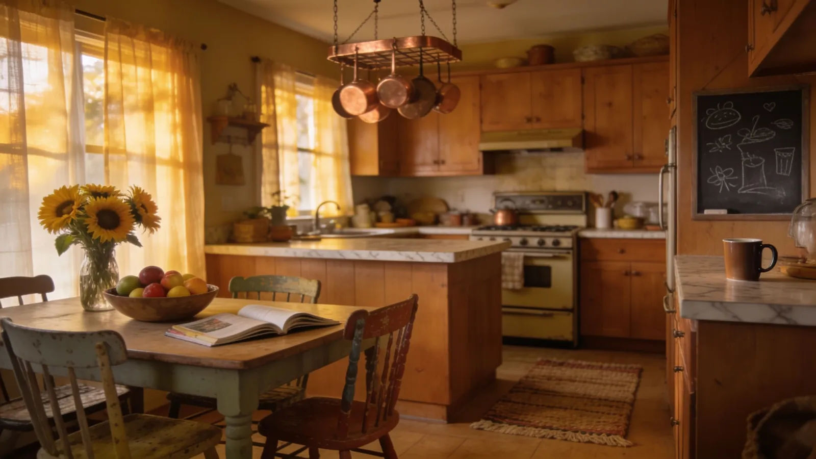 Cozy sunlit family kitchen in golden afternoon light