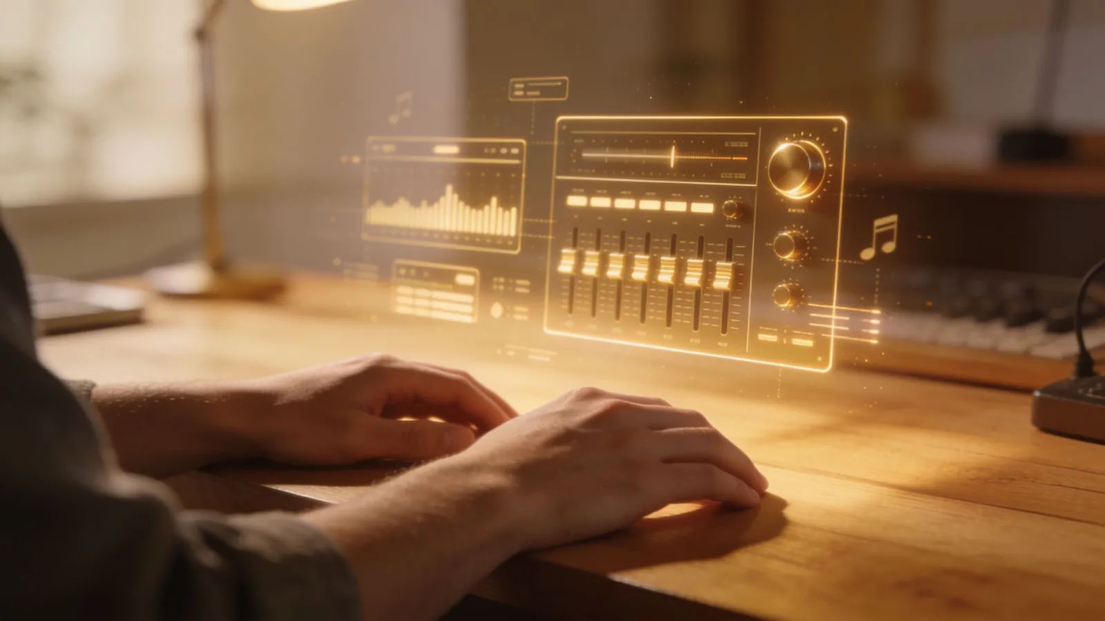 Hands at wooden desk with golden floating audio interface