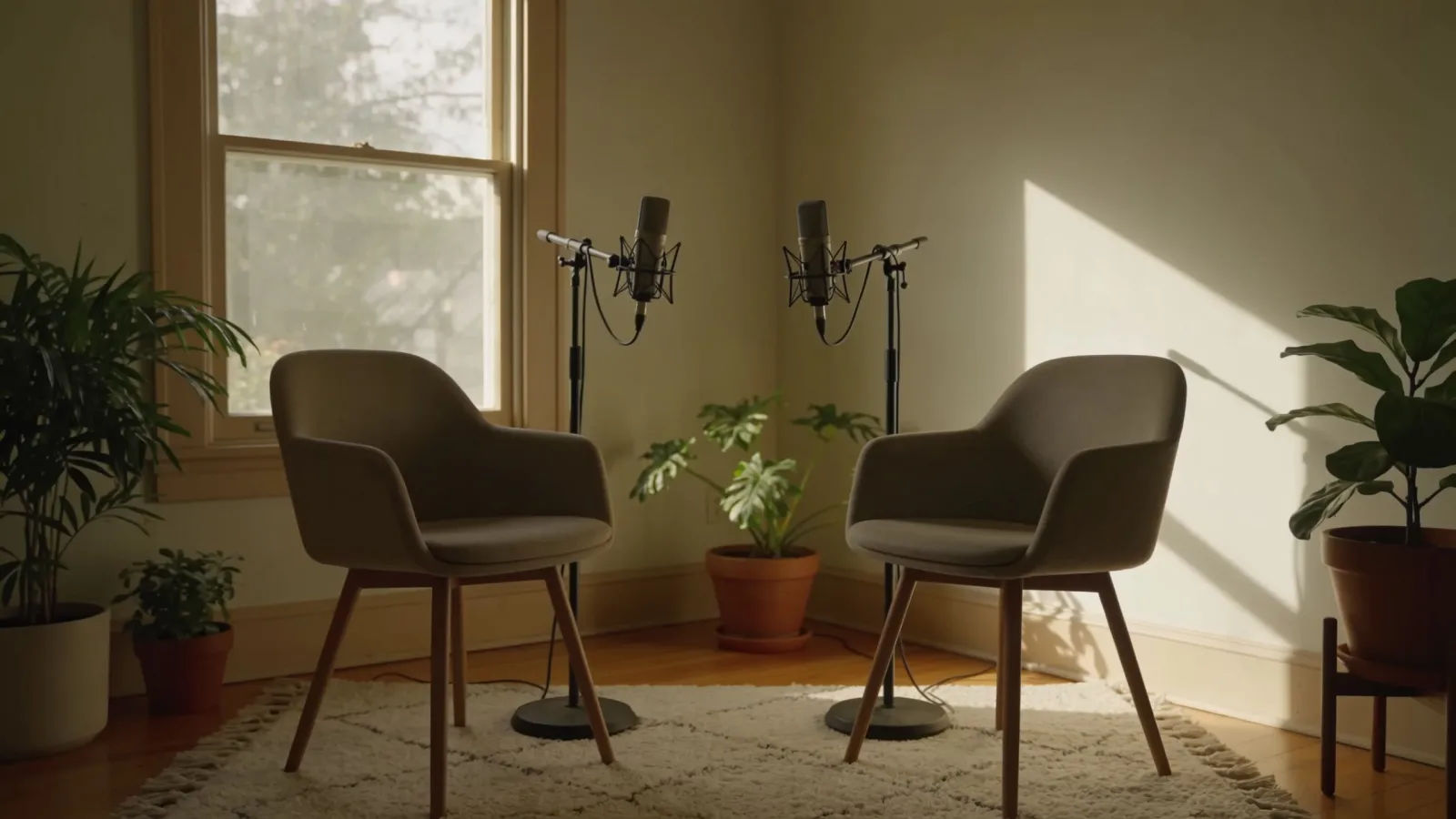 Cozy sunlit room set for unscripted podcast