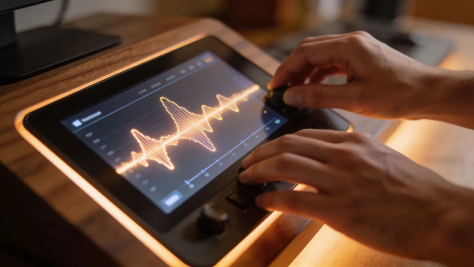 Relaxed hands adjusting softly glowing waveform interface