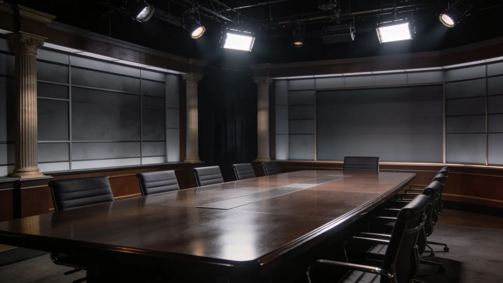 Empty formal broadcast set, polished table, spotlights