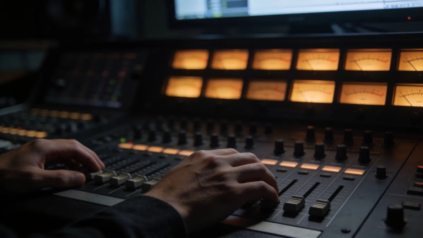 Hands at premium broadcast console, calm amber meters