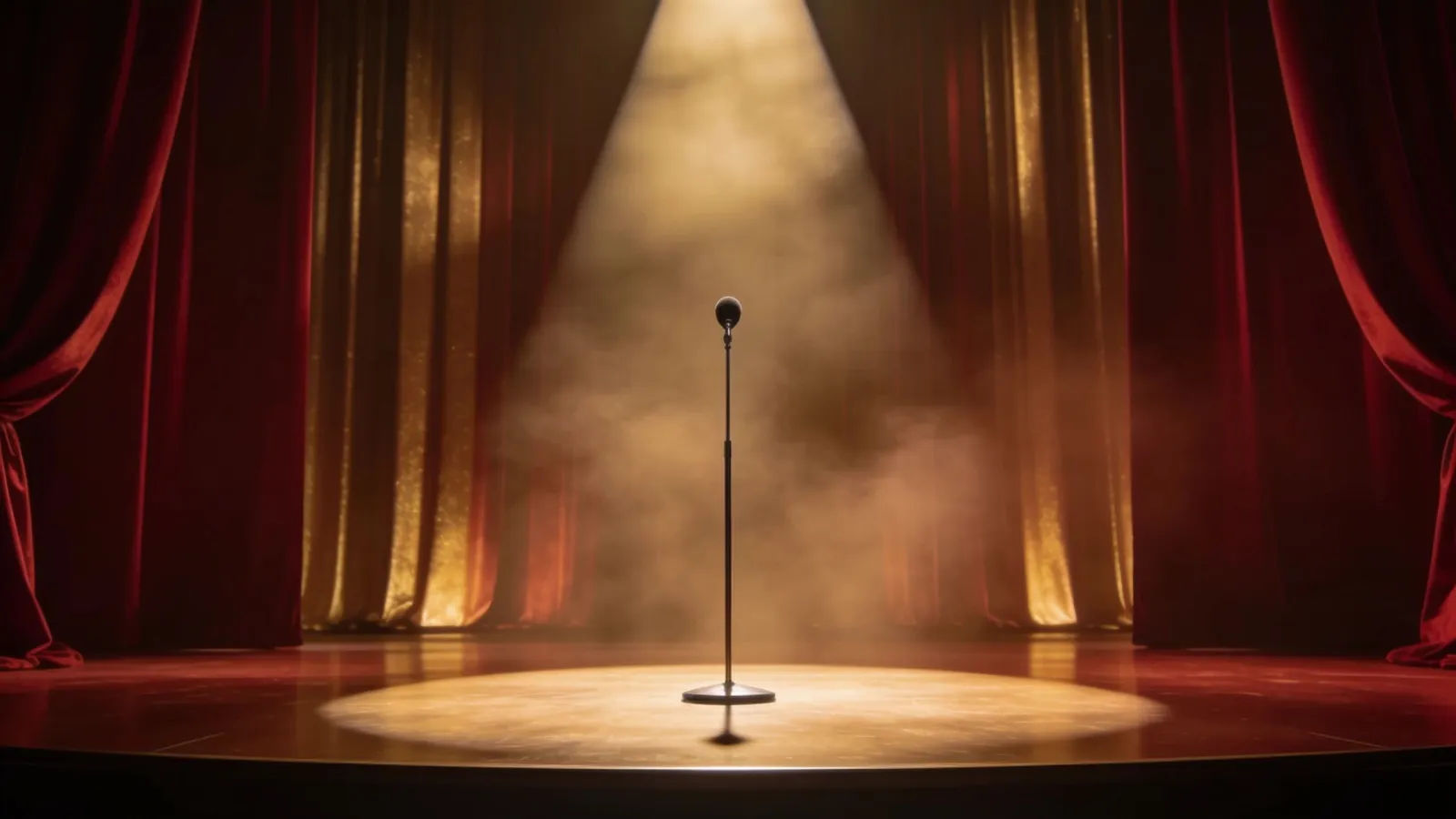 Empty awards stage with lone spotlit microphone
