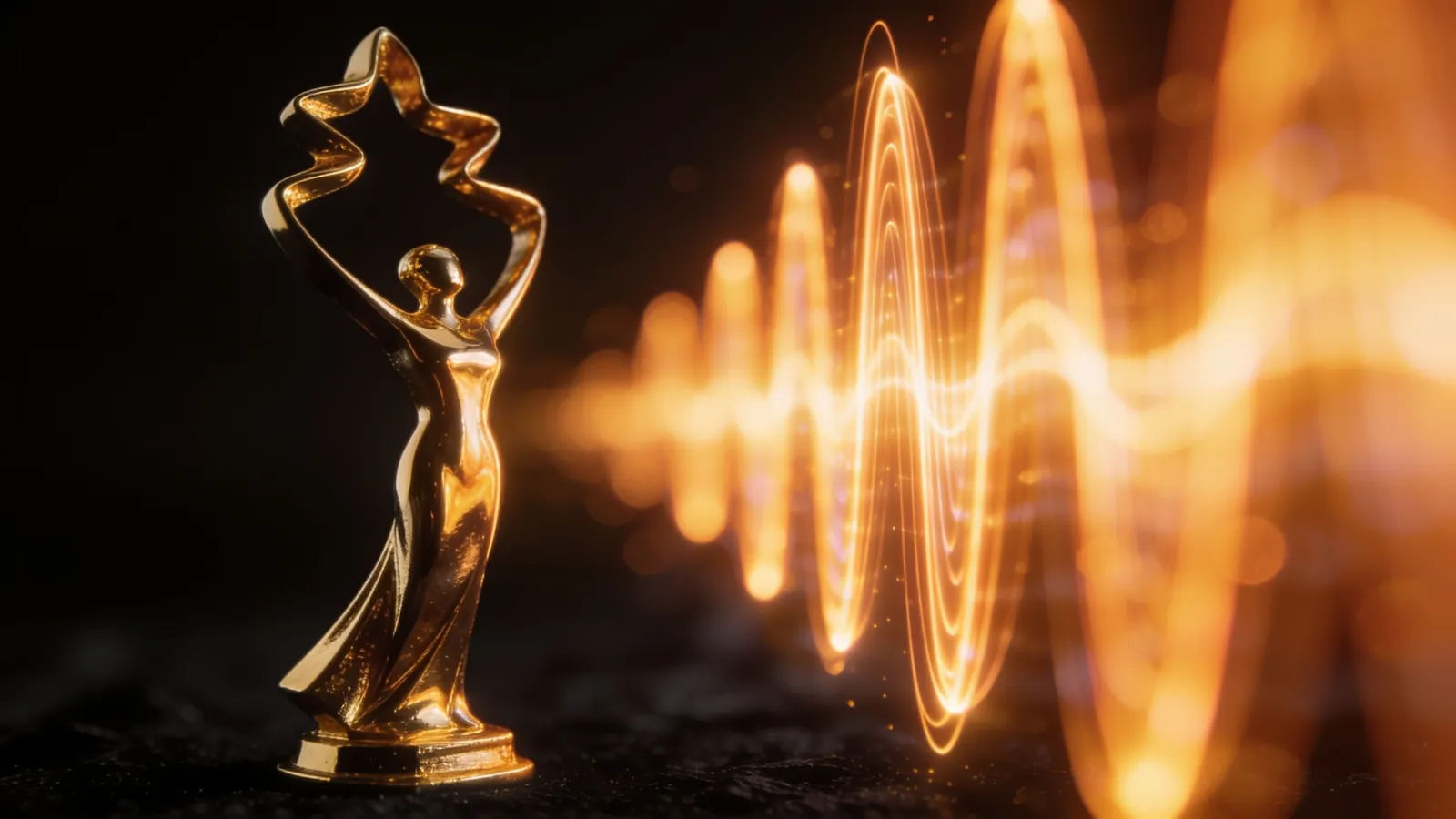 Golden sculptural form beside a glowing waveform