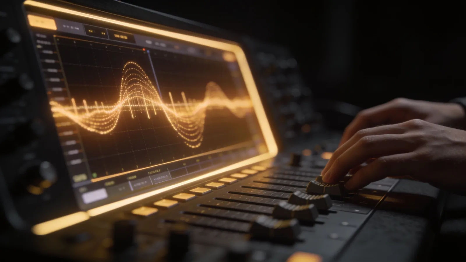 Hands at a warm glowing audio console