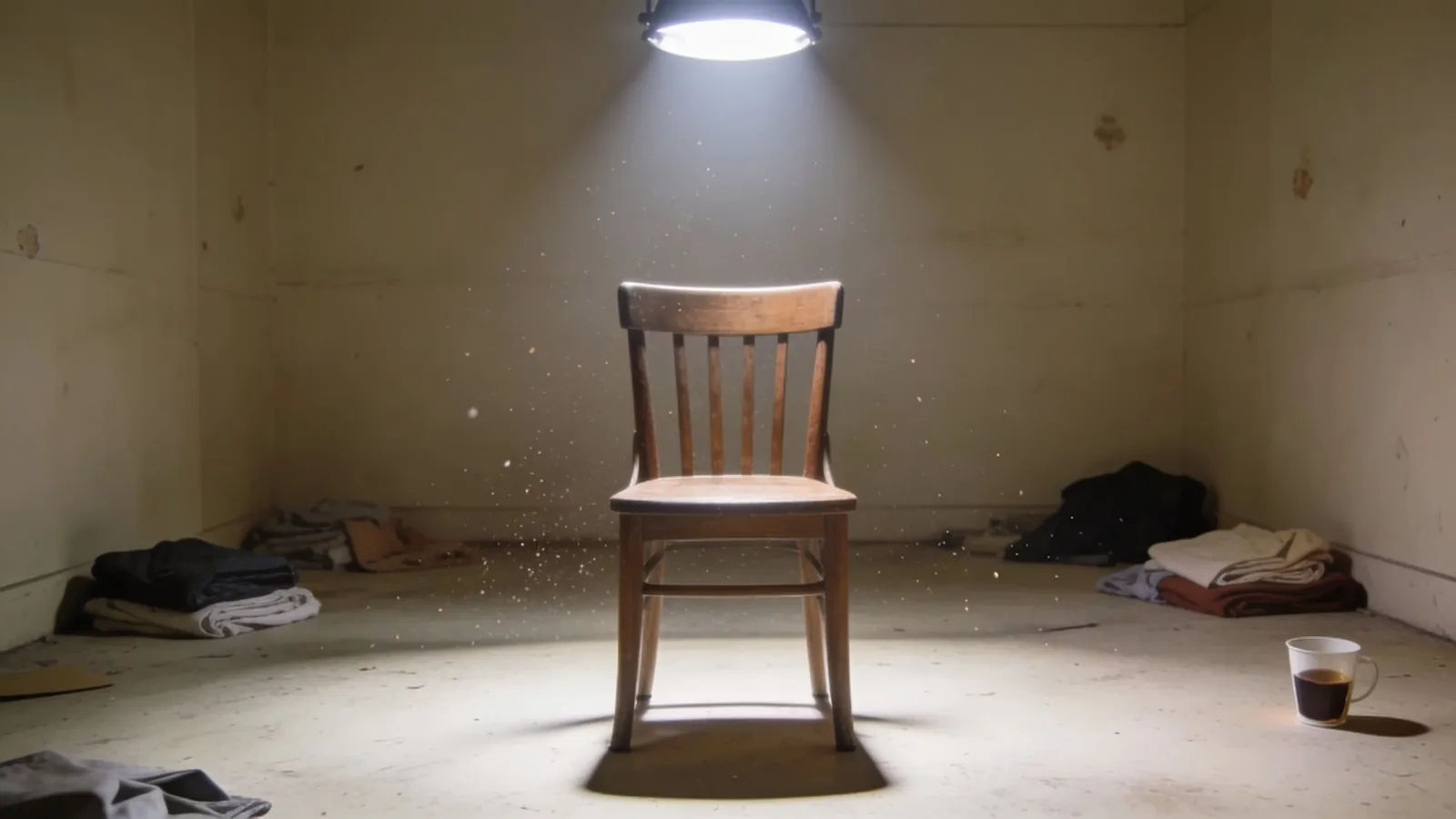 Lone wooden chair under unflattering comedy-set spotlight