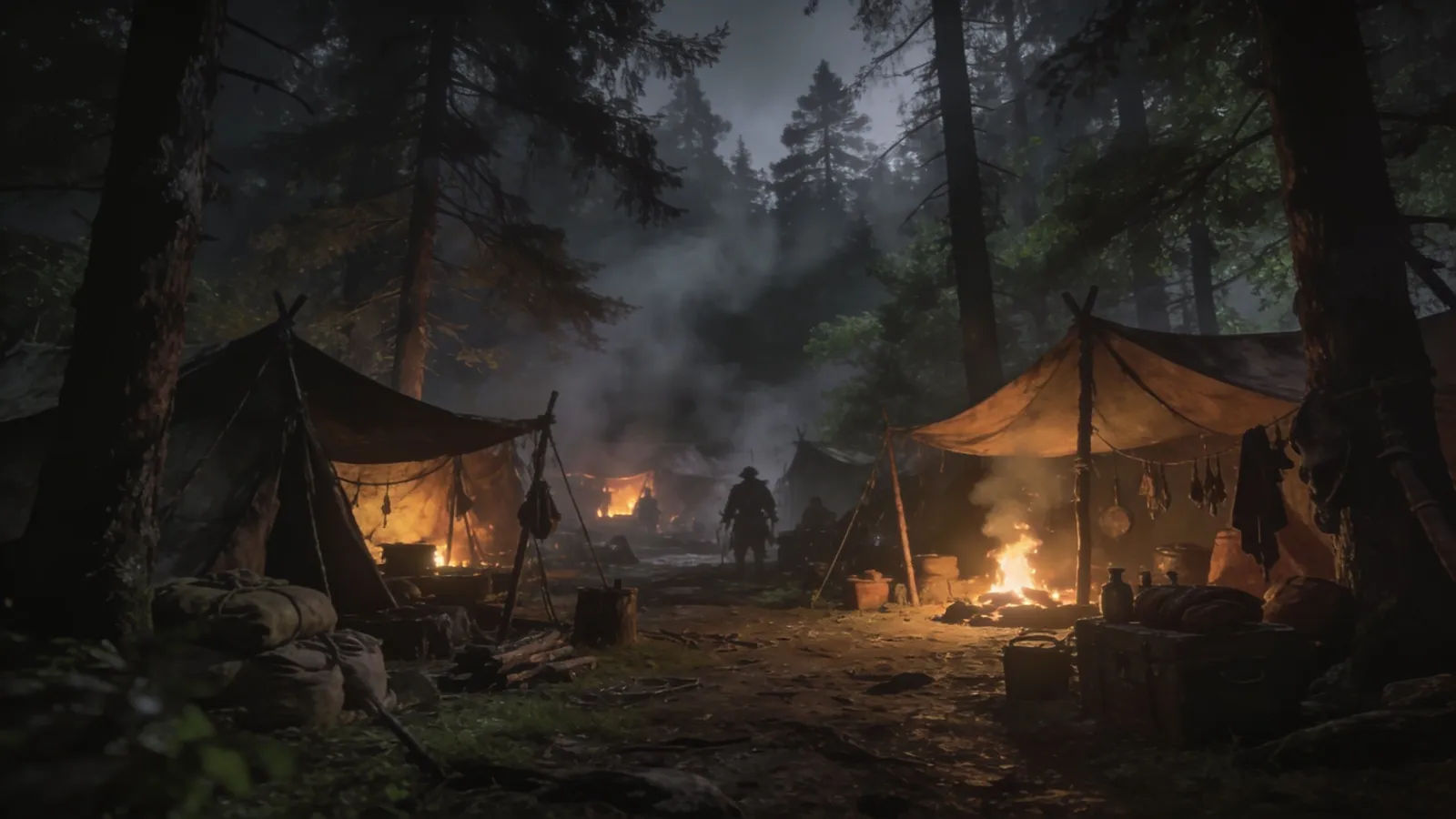 Dim forest bandit camp with firelight and fog