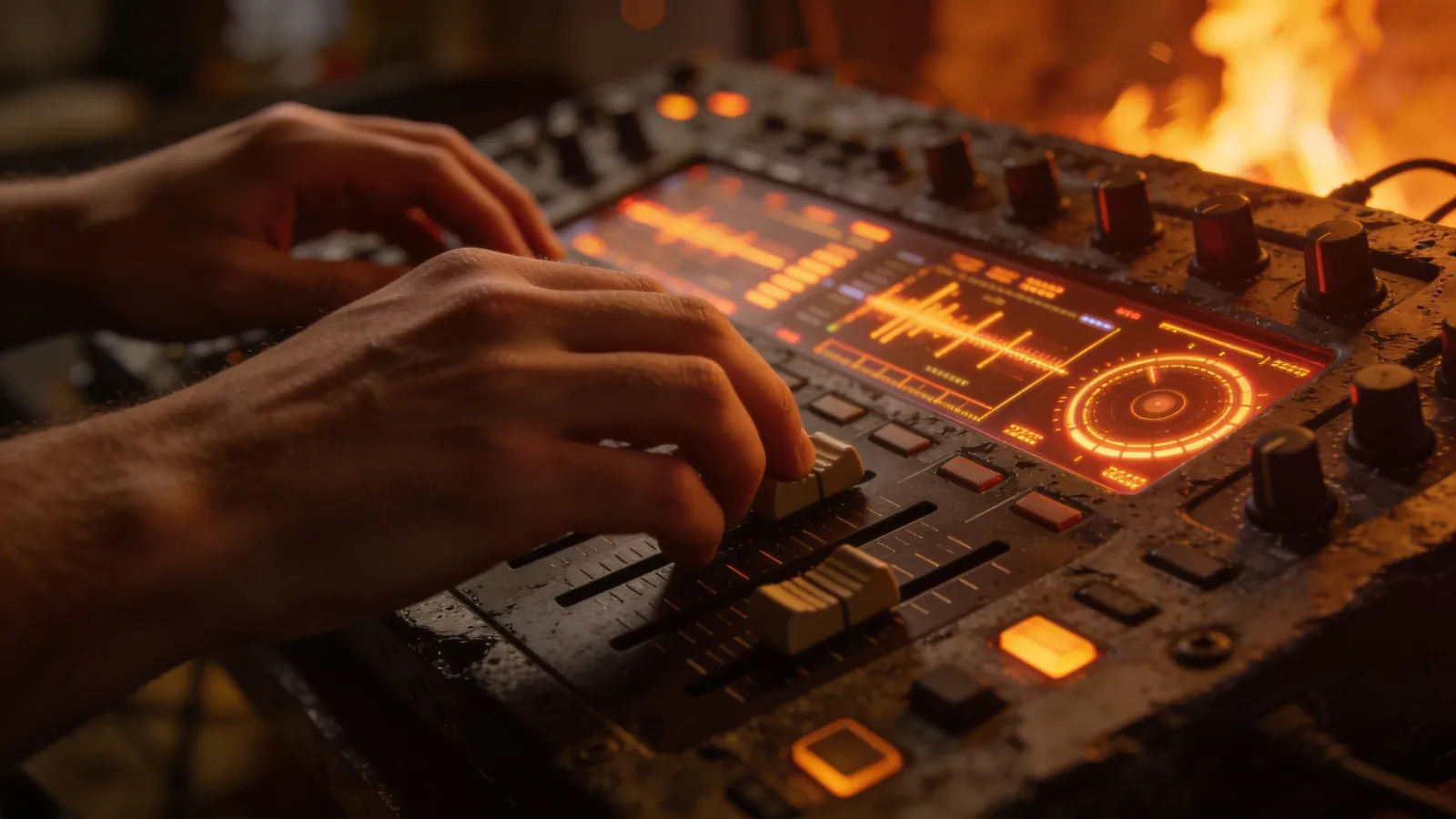 Hands on rugged console in firelit tone