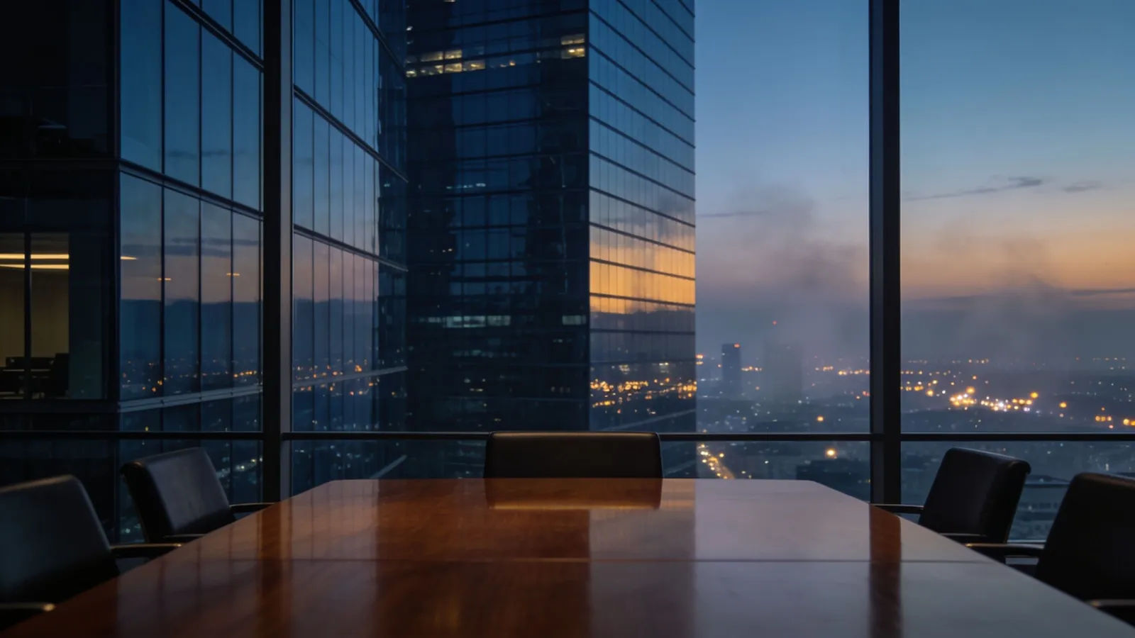 Sleek high-rise corporate office at dusk